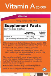 Vitamin A 25000 IU supplement facts showing nutritional information and ingredients listed on the label.